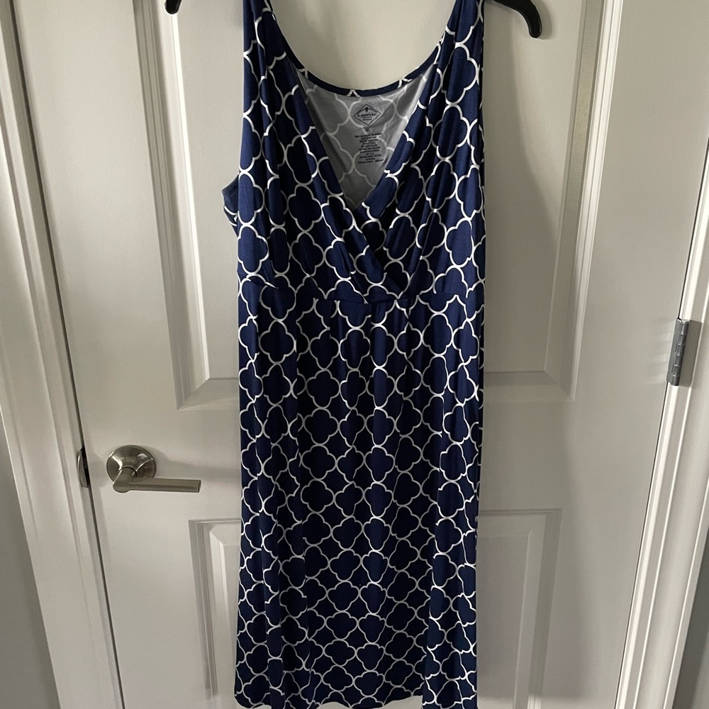 Navy and white faux wrap dress
